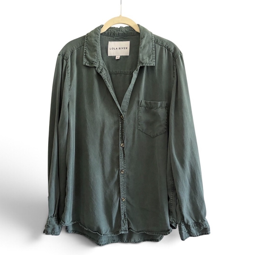 Lola River Dark Sage Green 100% Tencel Lyocell Button Down Shirt XL Casual